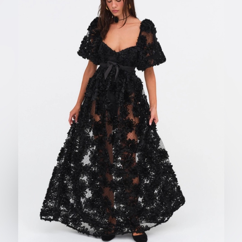 For Love and Lemons Black Floral Appliqué Maxi Dress NWT